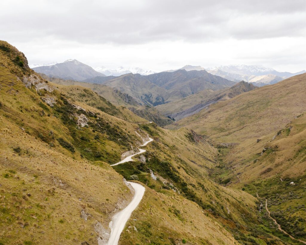 Trail winding through mountain scenery