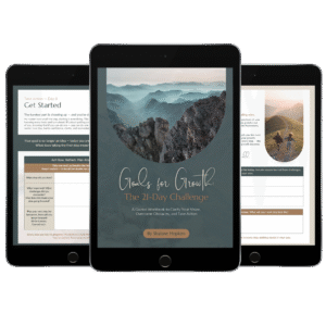 Three digital devices displaying the Goals for Growth workbook, showing the cover and sample pages for self-development and personal growth.