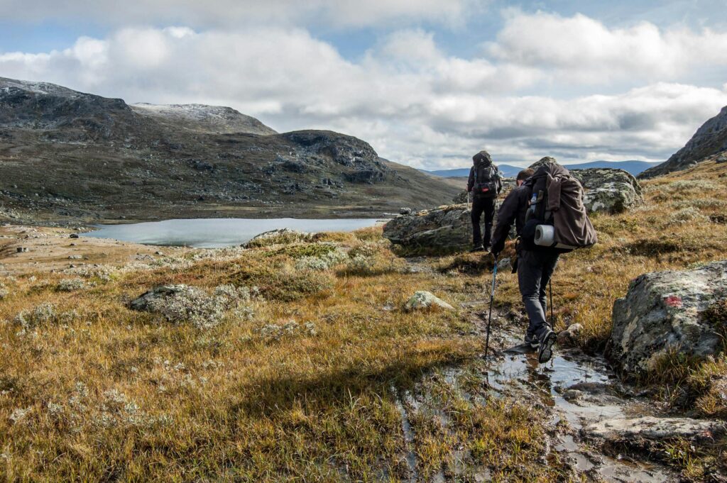 Two hikers with large backpacks walking along trail